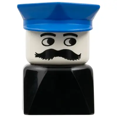 Duplo 2 x 2 x 2 Figure Brick Early, Male on Black Base, Blue Police Hat, Moustache