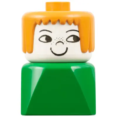 Duplo 2 x 2 x 2 Figure Brick Early, Female on Green Base, Earth Orange Hair, Nose Freckles
