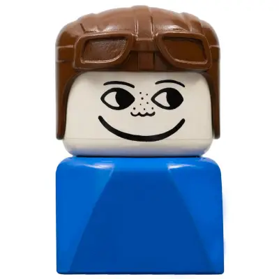 Duplo 2 x 2 x 2 Figure Brick Early, Male on Blue Base, Brown Aviator Hat, Freckles