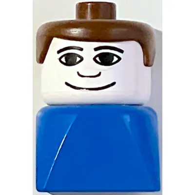 Duplo 2 x 2 x 2 Figure Brick Early, Male on Blue Base, Brown Hair, Wide Smile