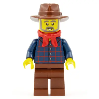Gold Prospector - Male, Dark Blue Plaid Button Shirt, Reddish Brown Legs, Reddish Brown Fedora Hat, Red Bandana, Beard