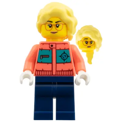 Arctic Explorer Photographer - Female, Coral Jacket, Dark Blue Legs, Bright Light Yellow Long Hair