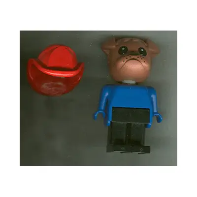 Fabuland Bulldog - Bertie Bulldog (Fireman), Brown Head, Red Fire Helmet, Blue Top