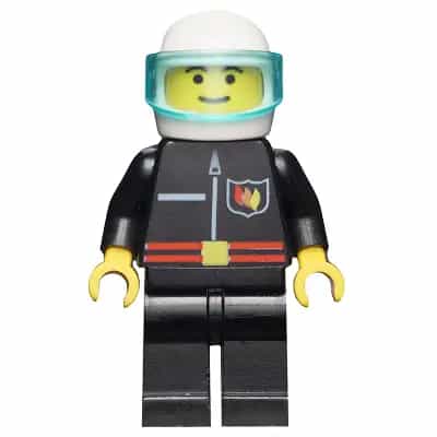 Fire - Flame Badge and Straight Line, Black Legs, White Helmet, Trans-Light Blue Visor
