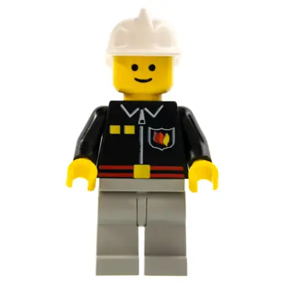 Fire - Flame Badge and 2 Buttons, Light Bluish Gray Legs, White Fire Helmet