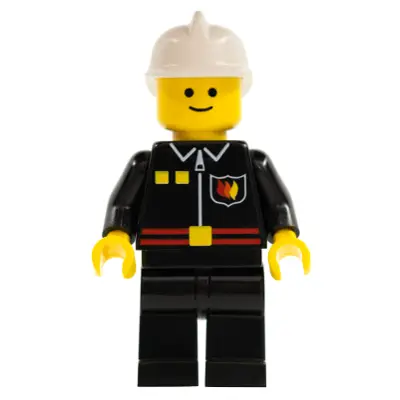Fire - Flame Badge and 2 Buttons, Black Legs, White Fire Helmet, Black Legs, Smile