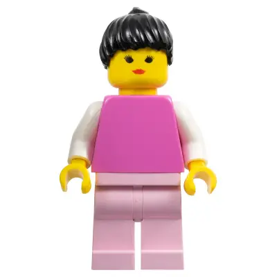 Plain Dark Pink Torso with White Arms, Pink Legs, Black Ponytail Hair