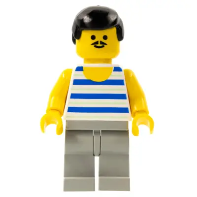 Horizontal Blue and Light Green Stripes, Light Gray Legs, Black Male Hair