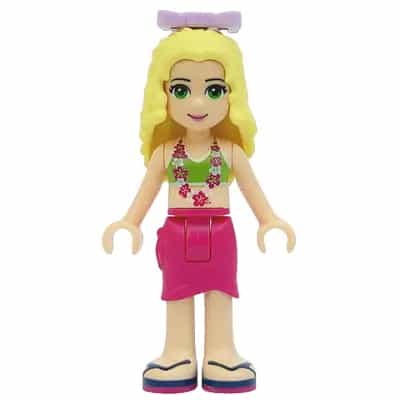 Friends Isabella (Light Nougat) - Lime Bikini Top, Magenta Wrap Skirt, Lavender Bow