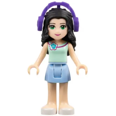 Friends Emma - Bright Light Blue Skirt, Light Aqua Top with Flower, Dark Purple Headphones