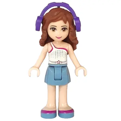Friends Olivia (Light Nougat) - Sand Blue Skirt, White One Shoulder Top with Magenta Trim, Headphones