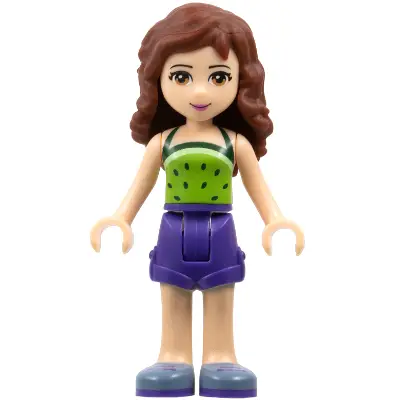 Friends Olivia (Light Nougat) - Dark Purple Shorts, Lime Halter Top with Dark Green Spots Pattern