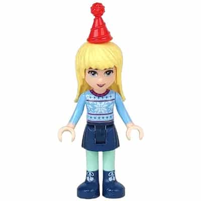 Friends Stephanie - Dark Blue Skirt, Bright Light Blue Fair Isle Sweater with Snowflakes Pattern, Red Christmas Hat