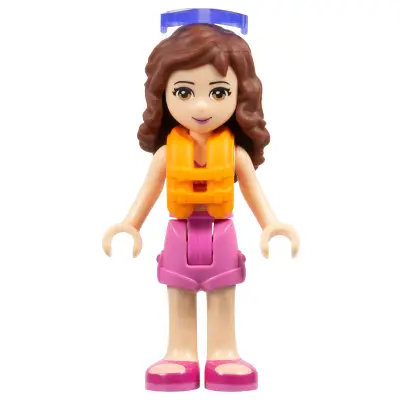 Friends Olivia (Light Nougat) - Dark Pink Shorts, Dark Pink and White Swimsuit Top, Life Jacket, Sunglasses