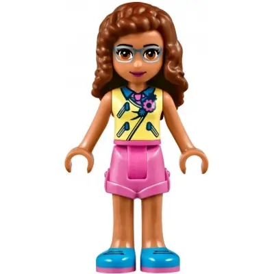 Friends Olivia (Nougat) - Bright Light Yellow Vest over Dark Azure Shirt and Dark Pink Tie, Dark Pink Shorts