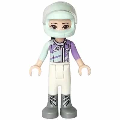 Friends Emma - White Trousers, Light Aqua and Medium Lavender Racing Jacket, Light Aqua Racing Helmet with Black Ponytail