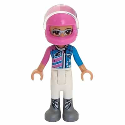 Friends Olivia (Nougat) - White Trousers, Dark Pink and Dark Azure Racing Jacket, Dark Pink Racing Helmet with Reddish Brown Ponytail