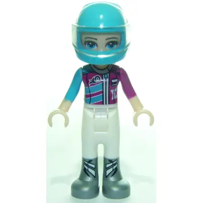 Friends Stephanie - White Trousers, Medium Azure and Magenta Racing Jacket, Helmet