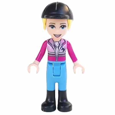 Friends Stephanie - Bright Pink and Magenta Jacket with Horse Head Logo, Medium Blue Pants, Black Boots, Black Riding Helmet with Bright Light Yellow Ponytail