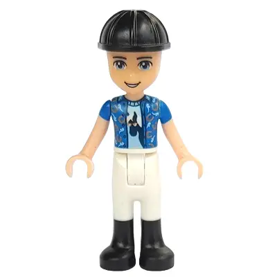 Friends Zack - White Riding Pants, Blue Shirt over Medium Blue T-Shirt, Black Construction Helmet