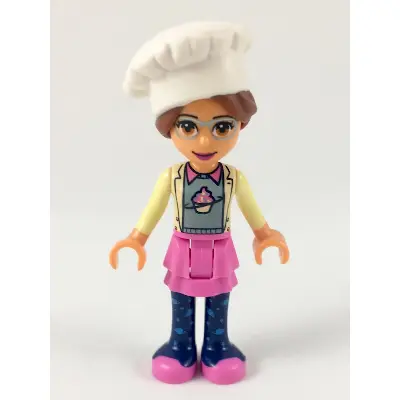 Friends Olivia (Nougat) - Dark Pink Skirt and Dark Blue Leggings, Sand Green Sweater with Bright Yellow Jacket, White Chef Toque with Hair