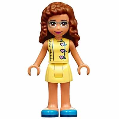 Friends Olivia (Nougat) - Bright Light Yellow Dress with Heart Buttons, Blue Shoes