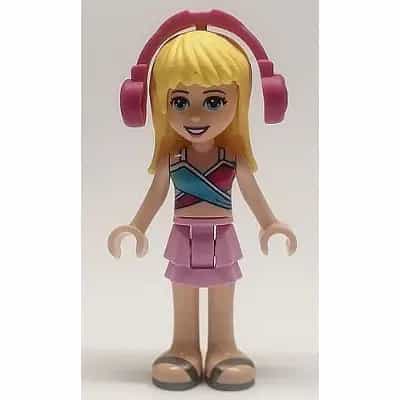 Friends Stephanie - Bright Pink Layered Skirt, Magenta and Medium Blue Swimsuit Top, Headphones