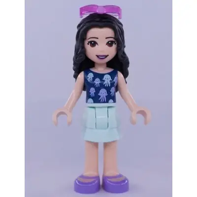 Friends Emma - Light Aqua Layered Skirt, Dark Blue Top with Jellyfish, Trans-Dark Pink Sunglasses