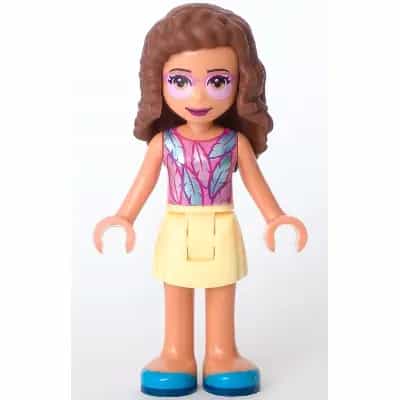 Friends Olivia (Nougat) - Bright Light Yellow Skirt, Dark Pink Top with Feathers, Bright Pink Tinted Glasses