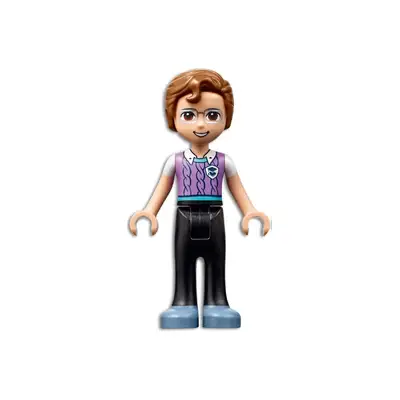 Friends Julian - Black Trousers, Medium Lavender Vest with Medium Azure Trim over White T-Shirt, Sand Blue Shoes