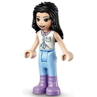 Friends Emma - Blue Riding Pants, White Collared Shirt, Black Hair