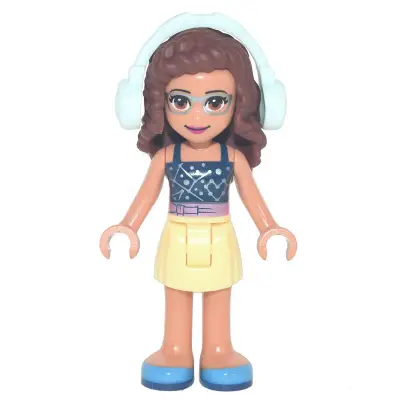 Friends Olivia (Nougat) - Bright Light Yellow Skirt, Dark Blue Top with Constellations, Light Aqua Headphones