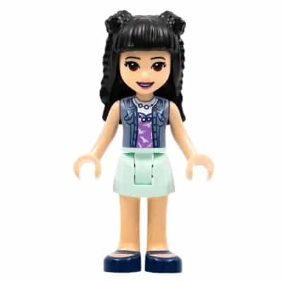 Friends Emma - Aqua Skirt, Sand Blue Vest, Black Hair with Braid Buns and Flower