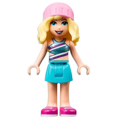 Friends Stephanie - Metallic Light Blue Swimsuit Top, Medium Azure Skirt, Bright Pink Hat