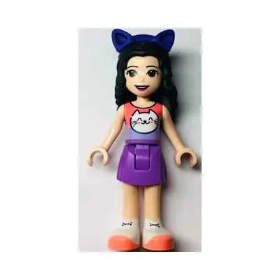 Friends Emma - Coral and Lavender Top with Cat Head, Medium Lavender Skirt, White Shoes, Dark Purple Cat Ears