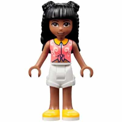 Friends Priyanka - Coral Knotted Blouse with White Swirls, White Shorts, Yellow Shoes