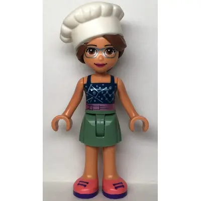 Friends Olivia (Nougat) - Sand Green Skirt, Dark Blue Top with Metallic Pink Belt, White Chef Toque with Hair