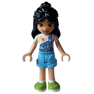 Friends Liann - Bright Light Blue Overalls over White Shirt, Bright Light Blue Shorts, Lime Shoes
