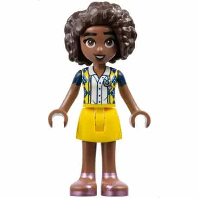 Friends Aliya - Dark Blue Vest with Diamonds over White Blouse, Yellow Skirt, Metallic Pink Sandals