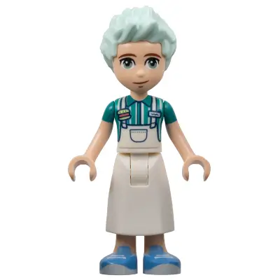 Friends Charli - White Apron Top over Dark Turquoise Shirt, White Skirt Long, Medium Blue Shoes