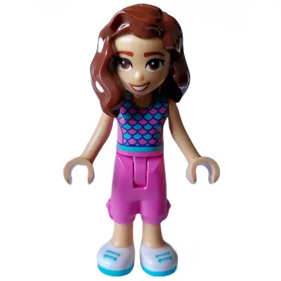 Friends Luna - Dark Pink and Medium Azure Top with Scales, Dark Pink Cropped Trousers, White Shoes