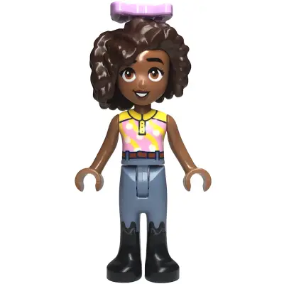 Friends Aliya - Yellow and Bright Pink Top, Sand Blue Trousers, Black Boots, Lavender Bow