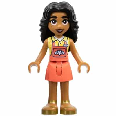 Friends Adi - Coral Overalls Skirt, Bright Light Yellow Shirt, Gold Sandals