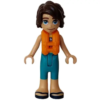 Friends Marco - Dark Turquoise and Yellow Sleeveless Wetsuit, Orange Life Jacket, Dark Blue Sandals