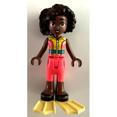 Friends Aliya - Coral and Yellow Sleeveless Wetsuit, Dark Turquoise Belt, Dark Blue Sandals, Bright Light Yellow Flippers