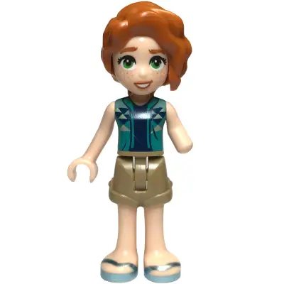 Friends Autumn - Dark Turquoise Vest over Dark Blue Shirt, Dark Tan Shorts, Metallic Light Blue Sandals