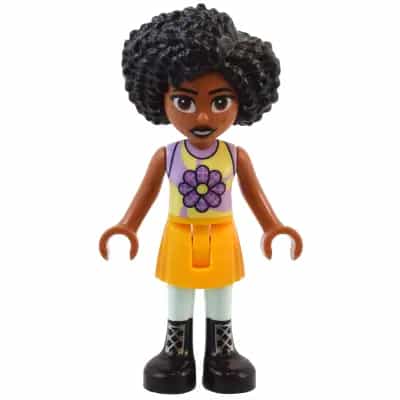 Friends Jamila - Bright Light Yellow and Lavender Sleeveless Shirt, Bright Light Orange Skirt, Black Boots