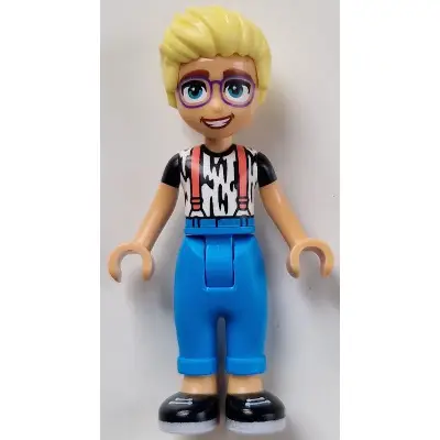 Friends Olly - White Shirt with Black Stripes, Coral Suspenders, Dark Azure Trousers, Black Shoes