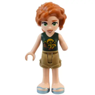 Friends Autumn - Dark Green Top with Mushrooms. Dark Tan Shorts, Metallic Light Blue Sandals