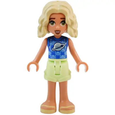 Friends Nova - Blue Shirt with Classic Space Logo, Yellowish Green Shorts, Bright Light Yellow Sandals
